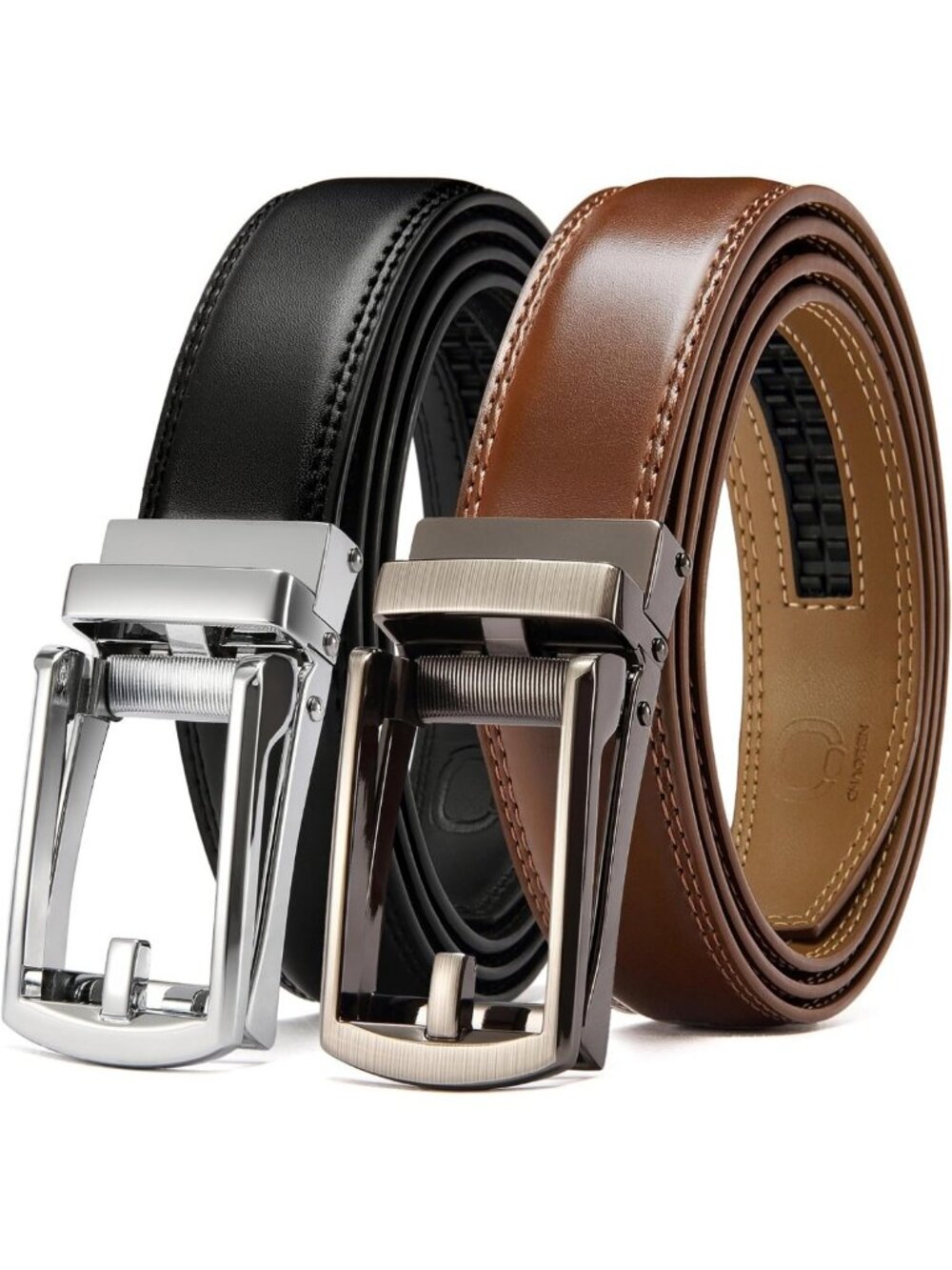 2 Pack Men's Leather Ratchet Dress Belts - Adjustable Comfort Click Style